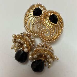 Indian earings Jhumka style gold pearl and black Paisley costume jewelry.